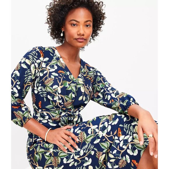 Ann Taylor LOFT Leafed Tie Front Midi Dress 14 - Picture 2 of 3